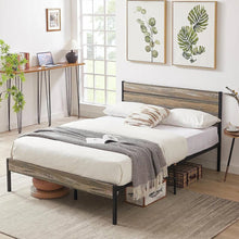 Load image into Gallery viewer, Queen Industrial Farmhouse Rustic Wood Metal Platform Bed Frame with Headboard