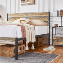 Load image into Gallery viewer, Queen Industrial Farmhouse Rustic Wood Metal Platform Bed Frame with Headboard
