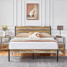 Load image into Gallery viewer, Queen Industrial Farmhouse Rustic Wood Metal Platform Bed Frame with Headboard