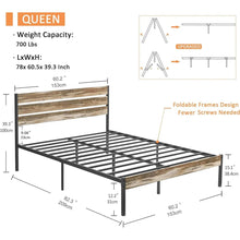 Load image into Gallery viewer, Queen Industrial Farmhouse Rustic Wood Metal Platform Bed Frame with Headboard