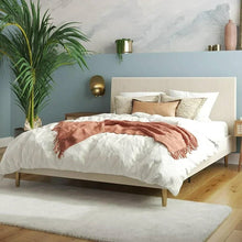 Load image into Gallery viewer, Queen Mid-Century Ivory Cream Velvet Upholstered Platform Bed with Headboard