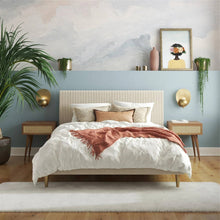 Load image into Gallery viewer, Queen Mid-Century Ivory Cream Velvet Upholstered Platform Bed with Headboard
