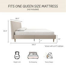Load image into Gallery viewer, Queen Mid-Century Ivory Cream Velvet Upholstered Platform Bed with Headboard
