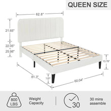 Load image into Gallery viewer, Queen size White Upholstered Platform Bed Frame with Headboard