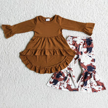 Load image into Gallery viewer, Brown high low tunic cow print pants kids clothing set
