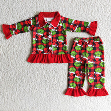 Load image into Gallery viewer, Plaid green face long sleeve baby girls Christmas pjs