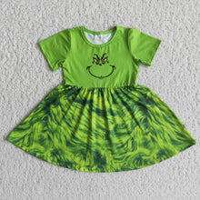 Load image into Gallery viewer, Green face screen print baby girls Christmas dresses