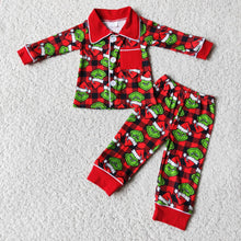Load image into Gallery viewer, Plaid green face print pocket kids boy Christmas pjs