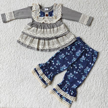 Load image into Gallery viewer, Gray cotton lace shirt ruffle pants children boutique clothes