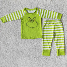Load image into Gallery viewer, Green face screen print shirt stripe boy Christmas pajamas