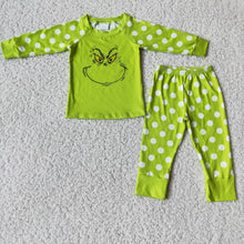 Load image into Gallery viewer, Green face screen print polka dots girls Christmas pajamas