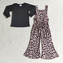 Load image into Gallery viewer, Black cotton shirt leopard print overalls girls clothing