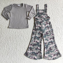 Load image into Gallery viewer, Grey cotton top camo overalls girls clothes