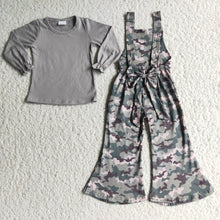 Load image into Gallery viewer, Grey cotton top camo overalls girls clothes
