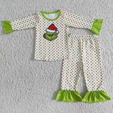 Load image into Gallery viewer, Colorful polka dots green face girls Christmas pajamas