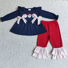 Load image into Gallery viewer, Santa embroidery navy cotton tunic pants girls Christmas outfits