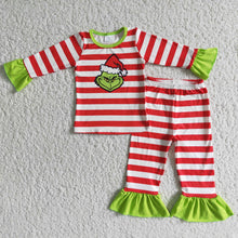 Load image into Gallery viewer, Red stripe green face girls Christmas pajamas