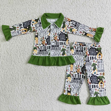 Load image into Gallery viewer, Green ruffle long sleeve naughty and nice girls Christmas pjs