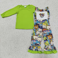Load image into Gallery viewer, Green cotton top screen print overalls boutique girls clothing