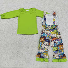 Load image into Gallery viewer, Green cotton top screen print overalls boutique girls clothing
