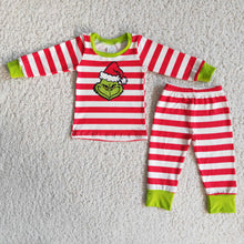 Load image into Gallery viewer, Stripe long sleeve green face boy Christmas pajamas