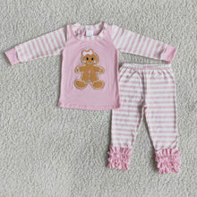 Load image into Gallery viewer, Pink gingerbread embroidery stripe girls Christmas pajamas