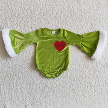 Load image into Gallery viewer, Green velvet red embroidery baby girls Christmas romper