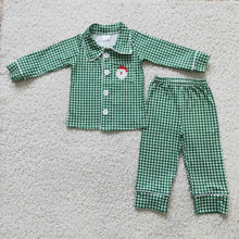 Load image into Gallery viewer, Green gingham santa pocket boy Christmas pajamas