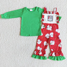 Load image into Gallery viewer, Green cotton shirt santa overalls girls Christmas clothing