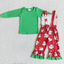 Load image into Gallery viewer, Green cotton shirt santa overalls girls Christmas clothing