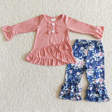 Load image into Gallery viewer, Solid shirt match floral ruffle pants girls boutique clothing