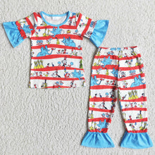 Load image into Gallery viewer, Blue cat ruffle short sleeve baby girls pajamas
