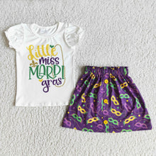 Load image into Gallery viewer, Little miss mardi gras shirt skirt baby girls clothing set
