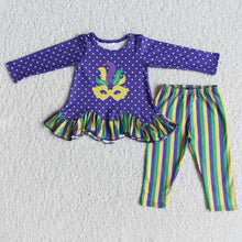 Load image into Gallery viewer, Purple polka dots shirt stripe leggings baby girls mardi gras outfits