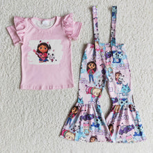 Load image into Gallery viewer, Short flutter sleeve shirt overalls cute cat kids girls clothing set