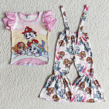 Load image into Gallery viewer, Short flutter sleeve shirt dog bell bottom overalls cute girls clothing set