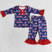 Load image into Gallery viewer, Braves print ruffle long sleeve girls team pajamas
