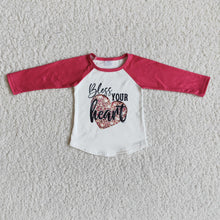 Load image into Gallery viewer, Bless your heart long sleeve raglan kids girls valentine's shirt