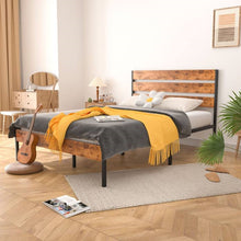 Load image into Gallery viewer, Queen Industrial Platform Bed Frame with Brown Wood Slatted Headboard Footboard