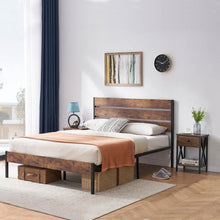 Load image into Gallery viewer, Queen Industrial Platform Bed Frame with Brown Wood Slatted Headboard Footboard