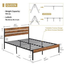 Load image into Gallery viewer, Queen Industrial Platform Bed Frame with Brown Wood Slatted Headboard Footboard
