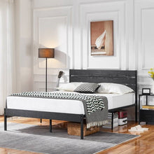 Load image into Gallery viewer, Queen size Industrial Platform Bed Frame with Wood Slatted Headboard in Black