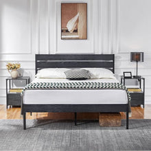 Load image into Gallery viewer, Queen size Industrial Platform Bed Frame with Wood Slatted Headboard in Black