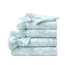 Load image into Gallery viewer, Queen Size Polyester Blue Ruffle Floral 6 Piece Sheet Set