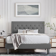 Load image into Gallery viewer, Queen Dark Grey Linen Upholstered Platform Bed with Button-Tufted Headboard