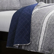 Load image into Gallery viewer, Queen Gray Navy Stripe Motif 100% Cotton Reversible Quilt Coverlet Bedspread Set