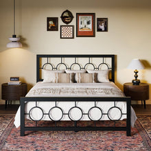 Load image into Gallery viewer, Queen Black Metal Platform Bed Frame with Circle Medallion Headboard Footboard