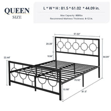 Load image into Gallery viewer, Queen Black Metal Platform Bed Frame with Circle Medallion Headboard Footboard
