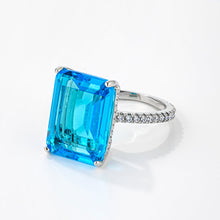 Load image into Gallery viewer, 15Ct Rhodium Plated Aqua Blue Emerald Cut Pave Ring
