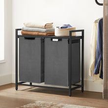 Load image into Gallery viewer, Modern Grey 2-Basket Laundry Hamper Sorter Black Frame Rustic Brown Top Shelf